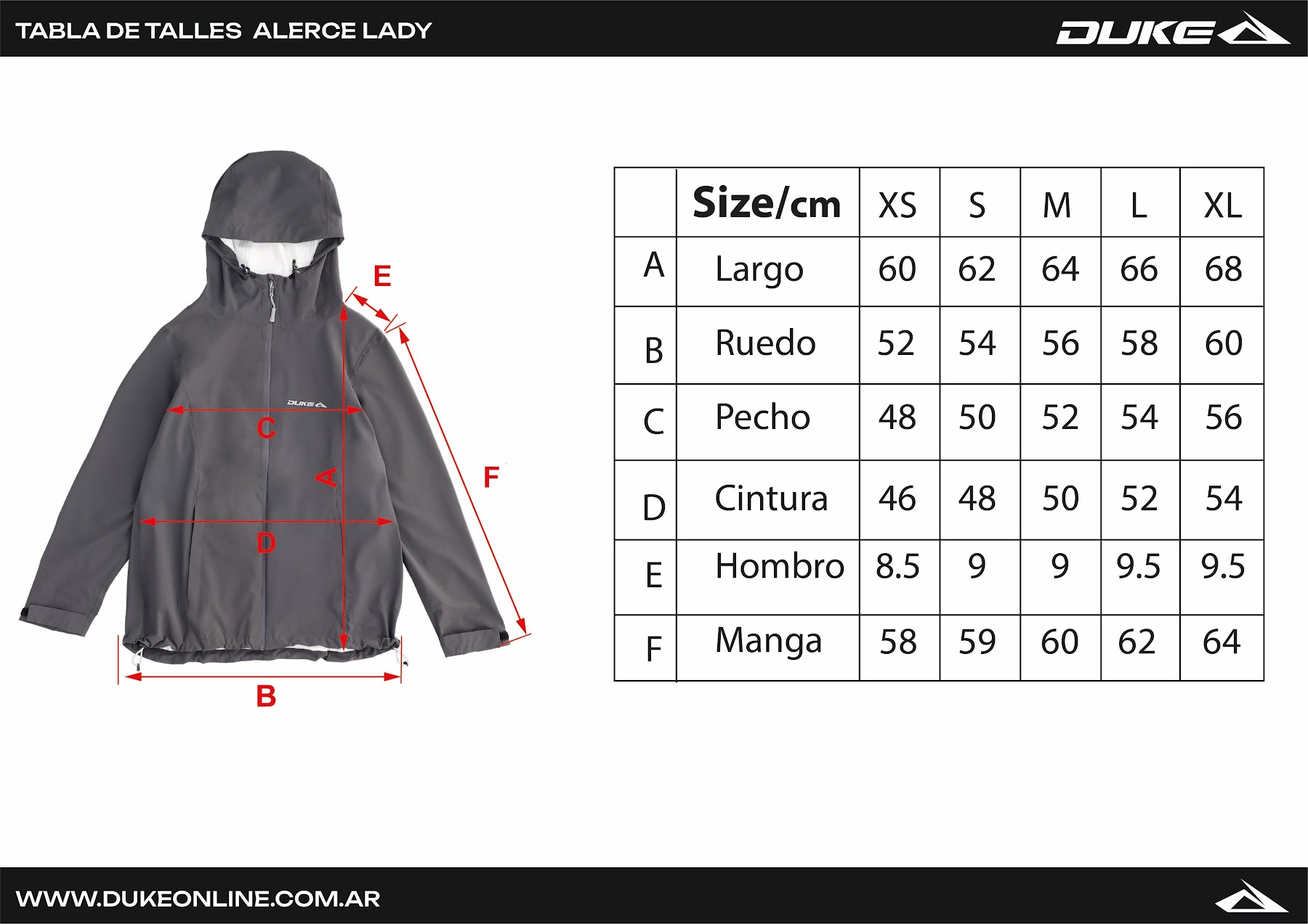 Tabla de talles Campera Alerce Lady Gris